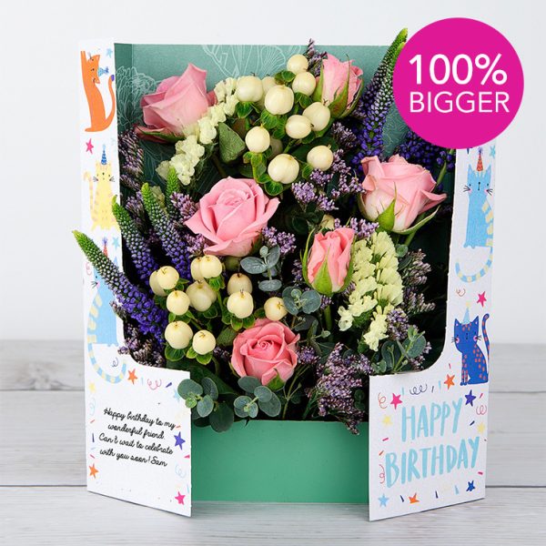 Birthday Flowers with Lilac Spray Roses, Veronica, Lemon Hypericum, Lilac Limonium and Eucalyptus