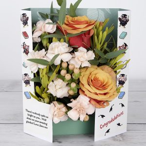 Congratulations Flowers with Dutch Roses, Hypericum, Spray Carnations, Lime Platyspermum and Eucalyptus