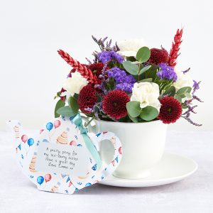King Charles' Coronation Celebration Flowercard with White Spray Carnations, Red Santini, Limonium, Red Wheat and Eucalyptus