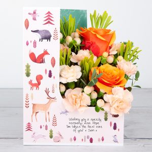 Lowlands Roses and Peach Hypericum with Waxflower and Tillandsia Flowercard